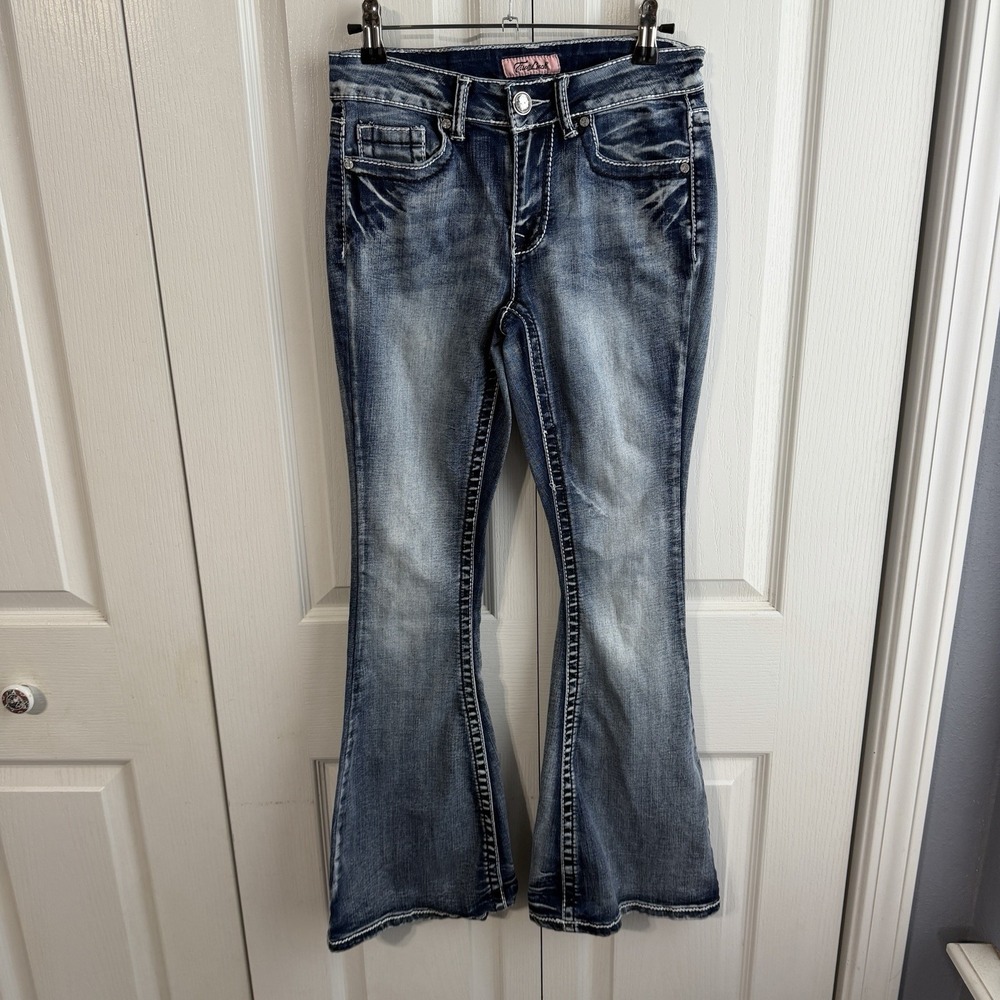 True Luck Blue Denim Flare Jeans Juniors Size 5/6 Preppy‎ Rodeo Boho Cowgirl